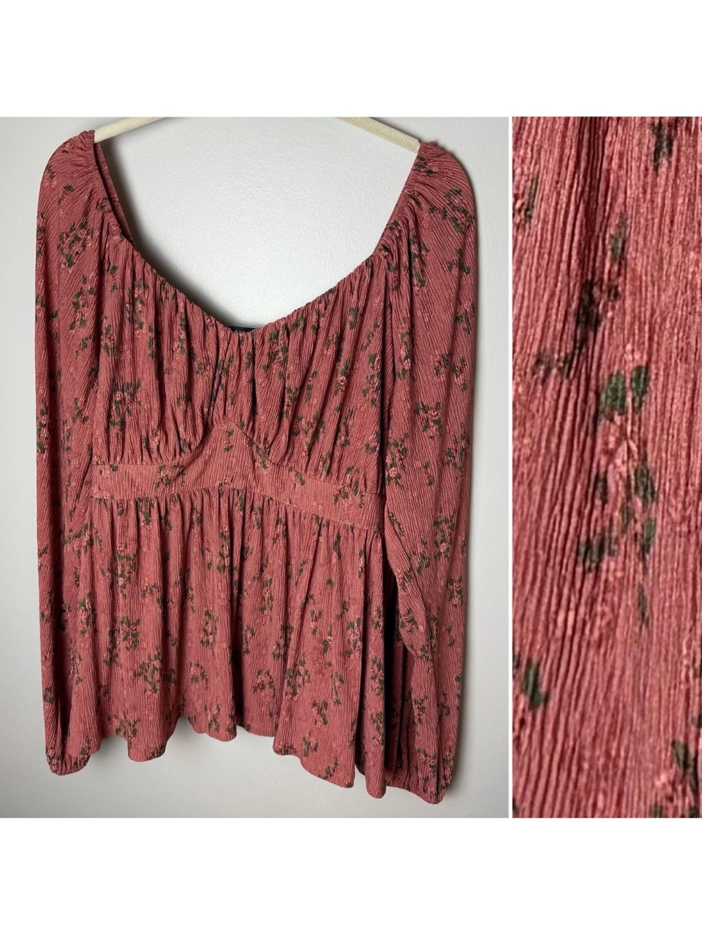 Torrid Blouse Size 2 2X Floral Peplum Top Dusty Rose Long Sleeves Cottagecore